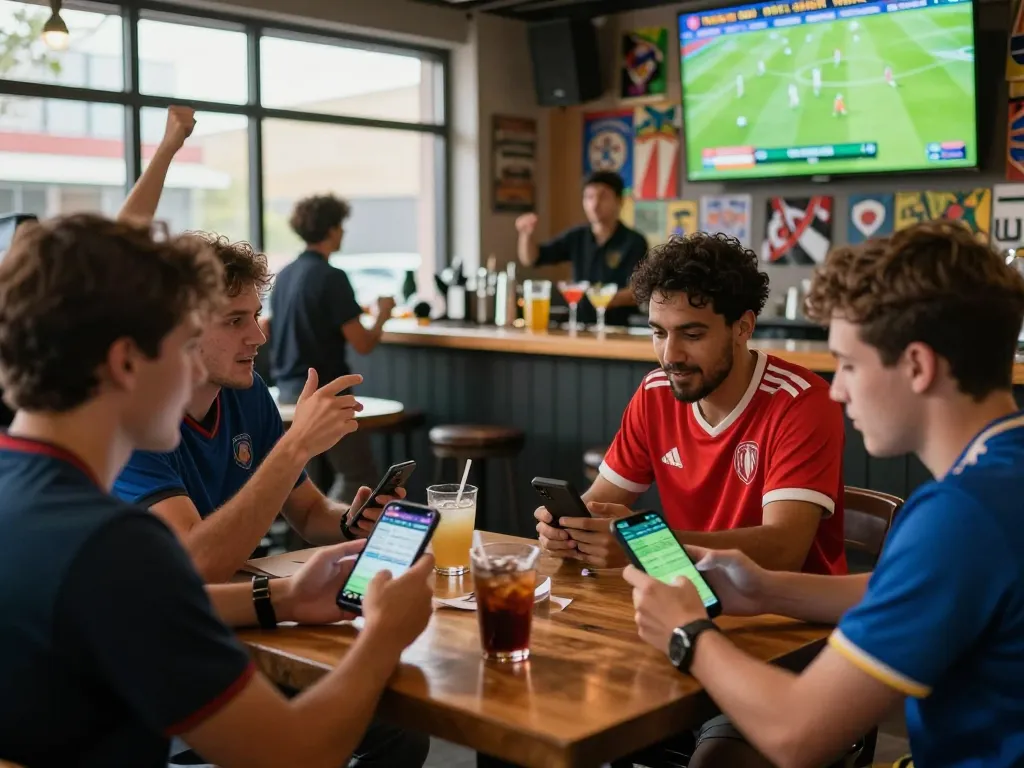 Fans checking Nowgoal live soccer scores in a lively sports bar atmosphere.