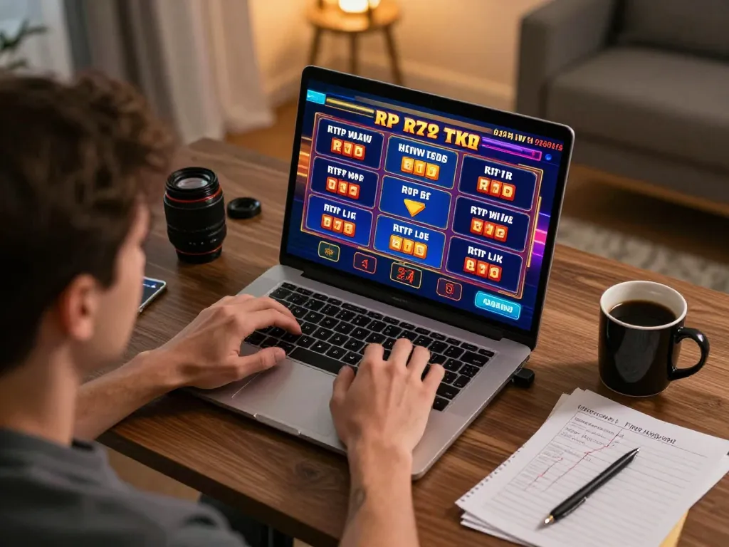Permainan slot situs toto ditampilkan di laptop selama sesi judi online yang mendebarkan.