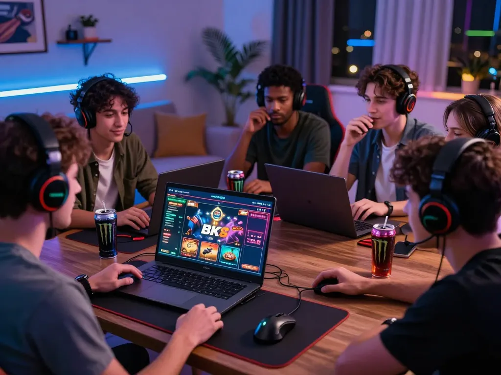 Friends enjoying gaming on BK8 platform in vibrant living room atmosphere.