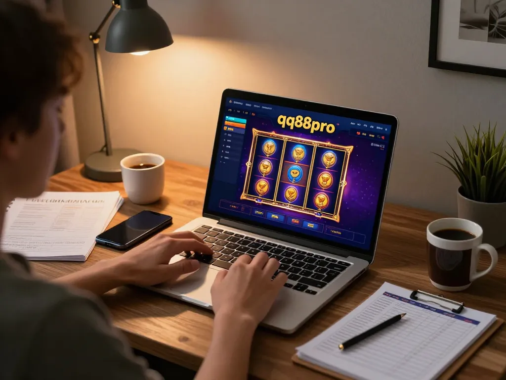 Player engaging with the qq88pro platform on a sleek laptop, showcasing responsible gambling habits.
