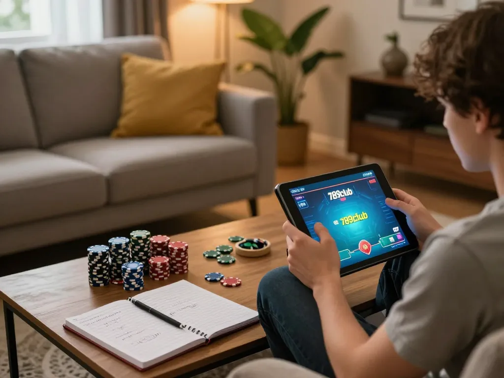 Player enjoying online games at 789club on a tablet in a cozy home setup