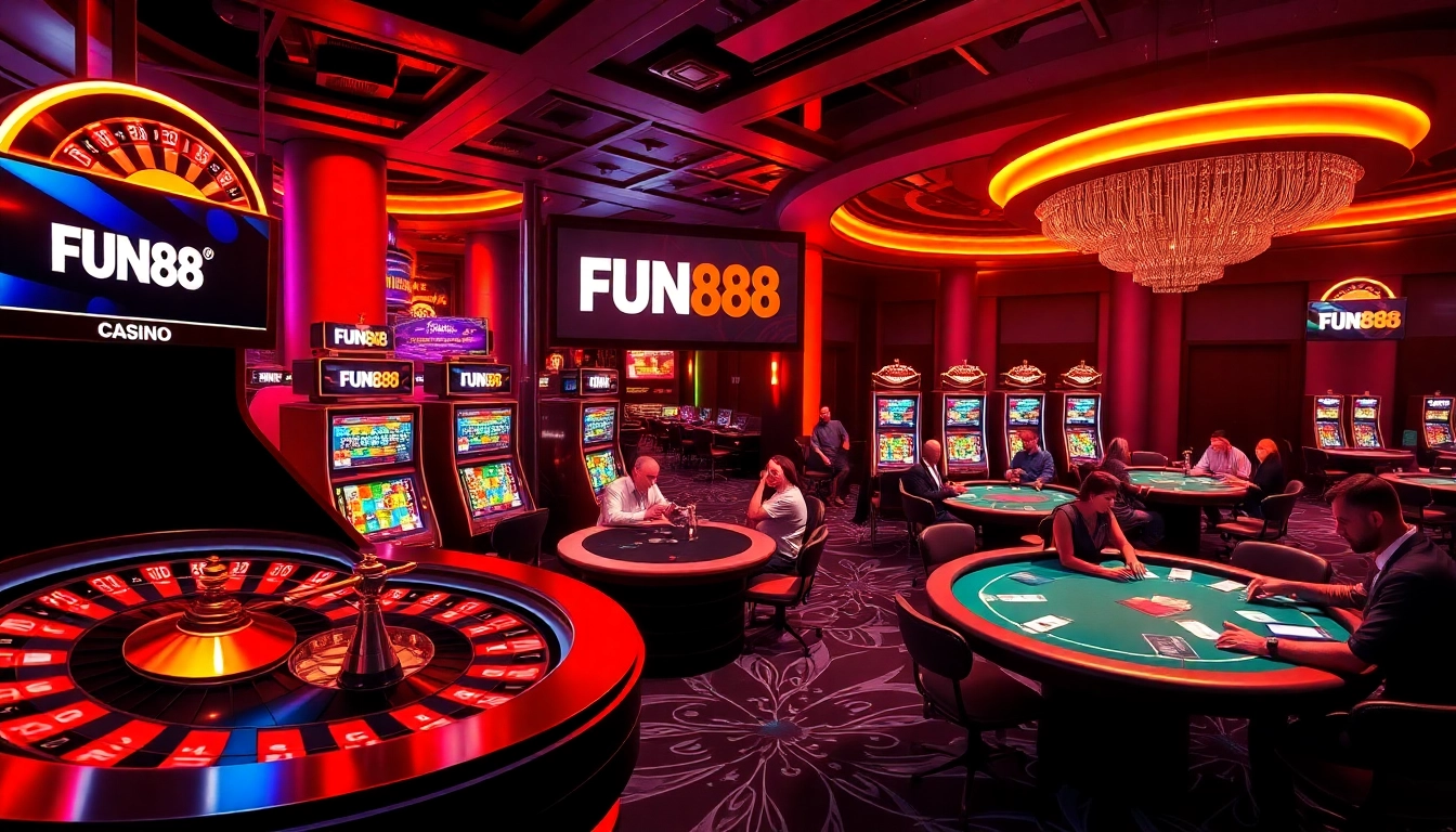 Experience the excitement of FUN88 แท้ with players at a luxurious online casino table, showcasing vibrant gaming action.