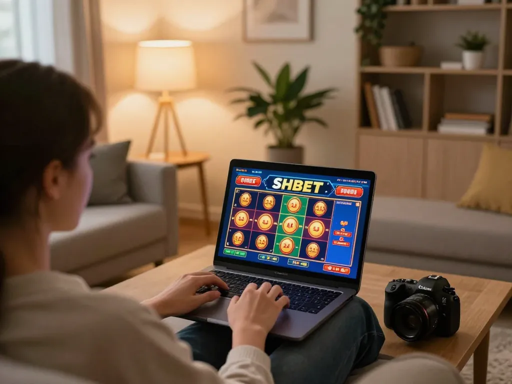 Person plays SHBET online casino slots game in a cozy living room with engaging visuals.
