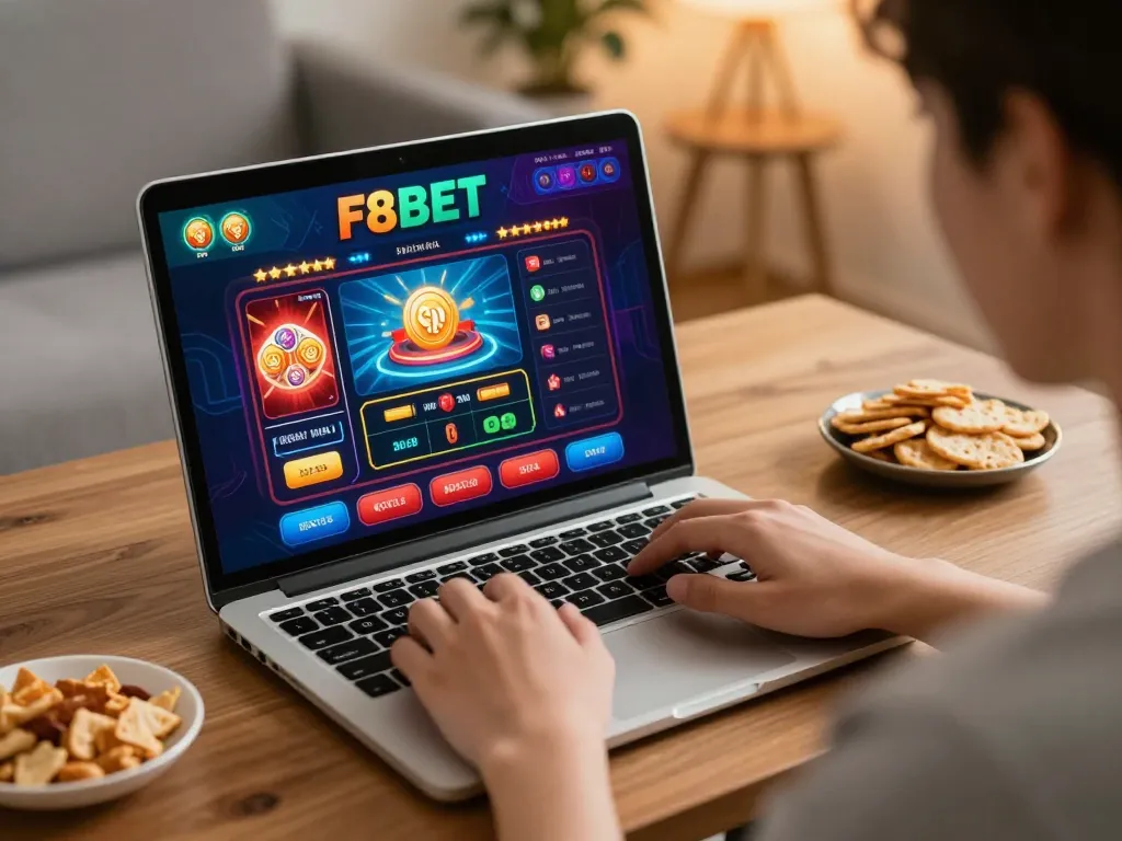 Engaging with F8BET through an online casino setup, showcasing betting options and a vibrant interface.