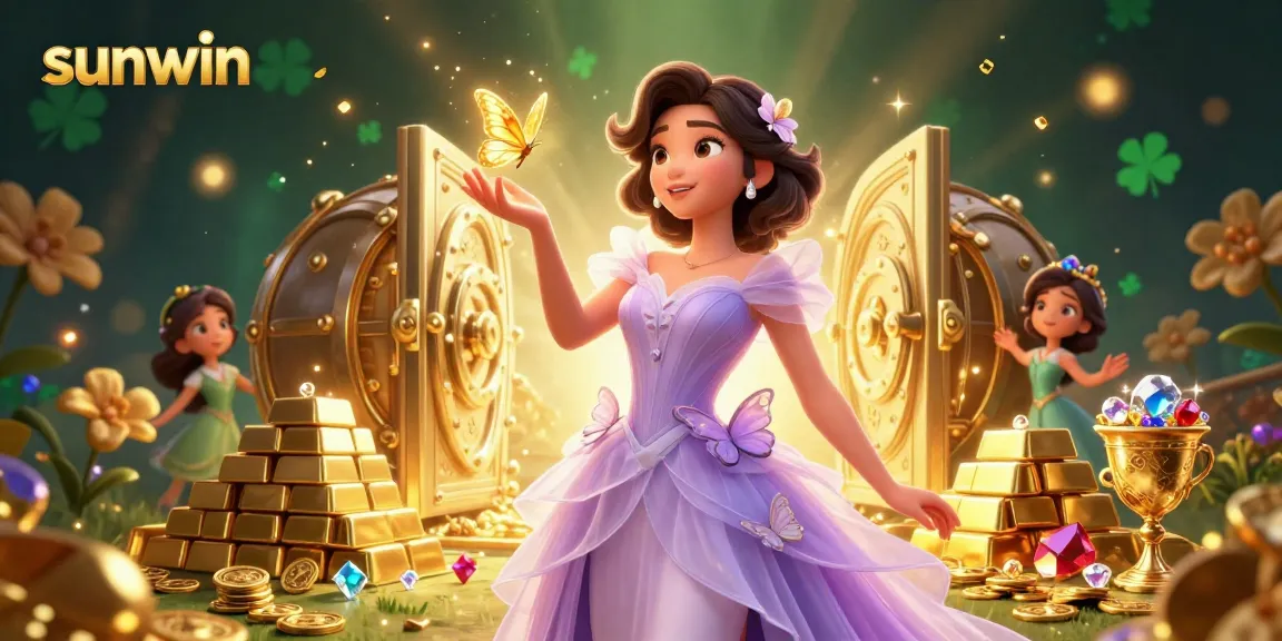 Play with sunwin's exciting casino games in a dazzling scene filled with treasures and vibrant visuals.
