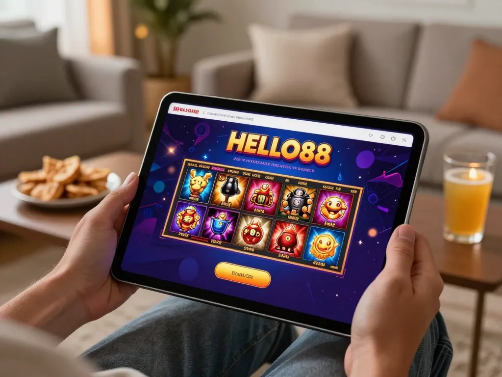 Player engaged in HELLO88 online gambling on a tablet in a cozy home setting.