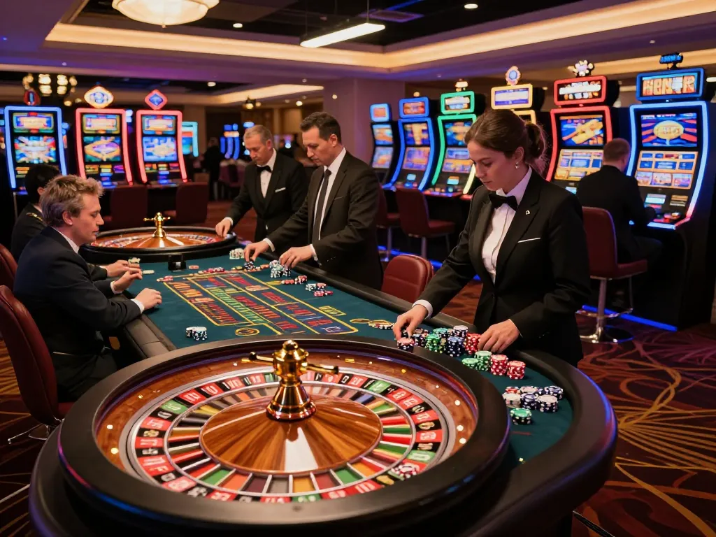 MM88 players engaging in thrilling roulette gameplay on a vibrant casino floor.