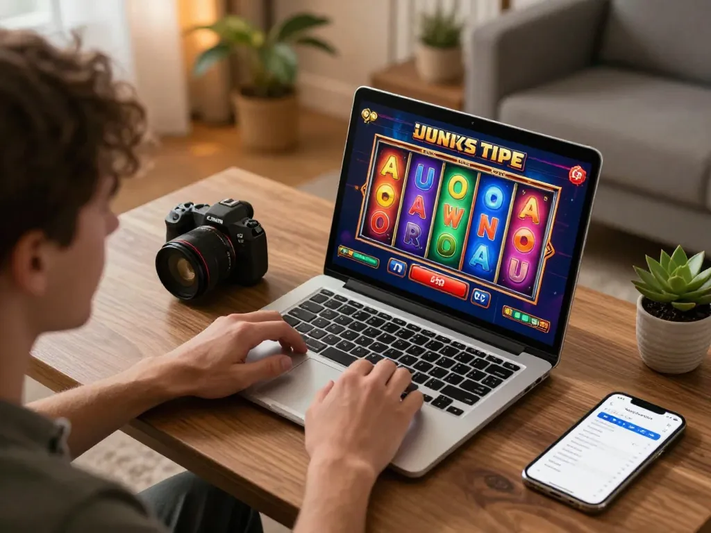 Player enjoying max88 slots on a laptop, capturing an engaging online gaming moment in a cozy home