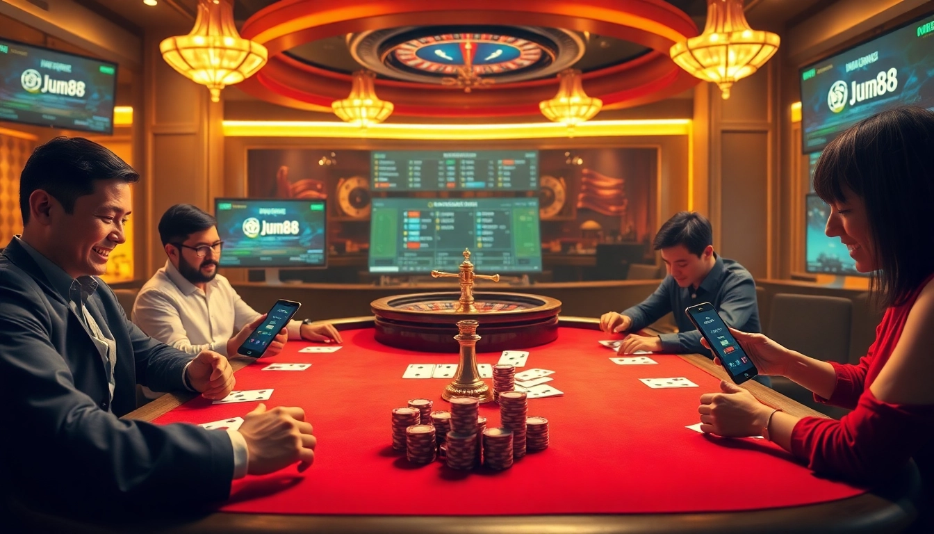 The vibrant scene of gamblers actively engaging at the poker table of nhà cái jun88, showcasing luxury and excitement.