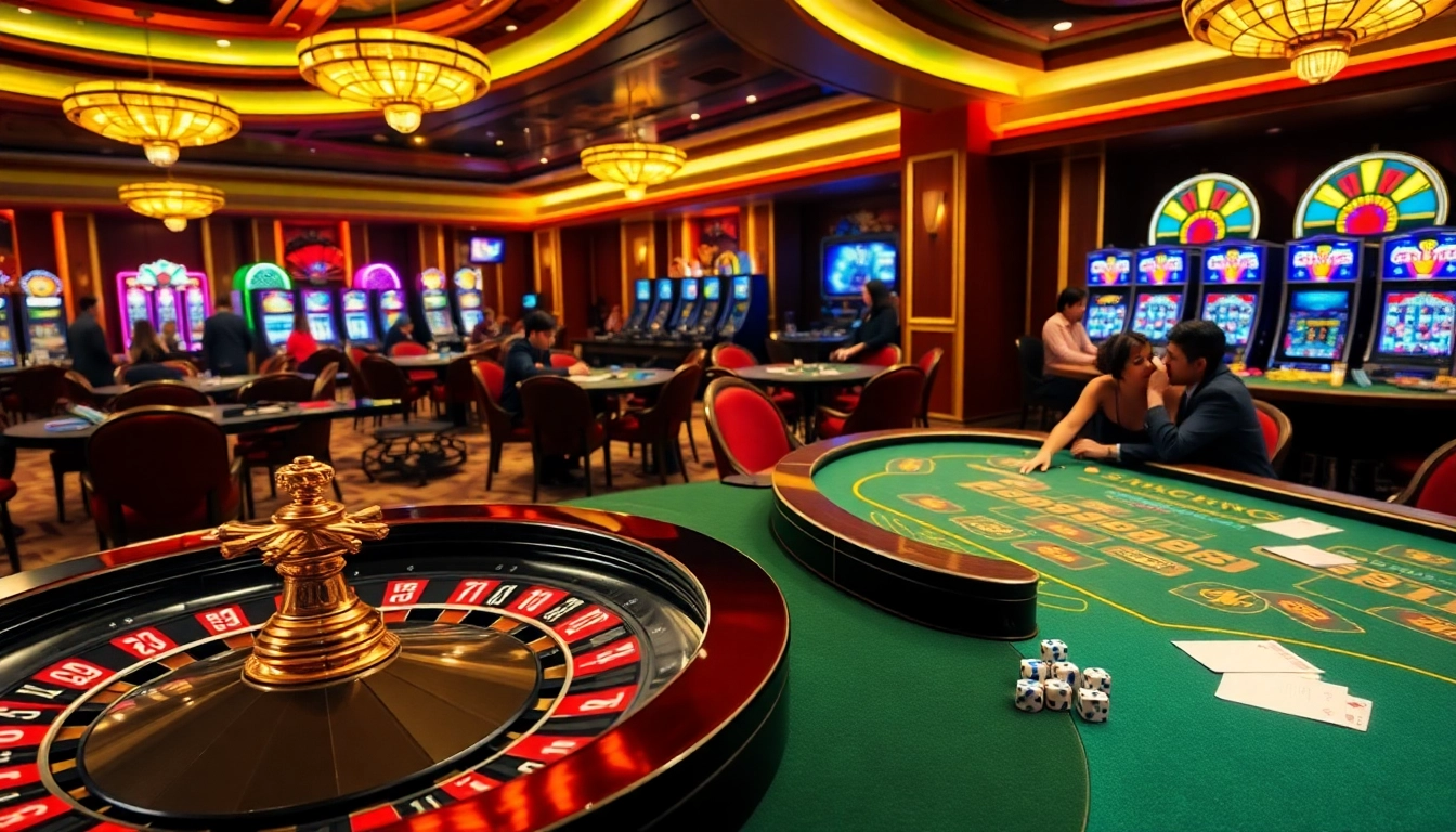 Experience the excitement of link mm88 in this vibrant casino scene with roulette and poker.