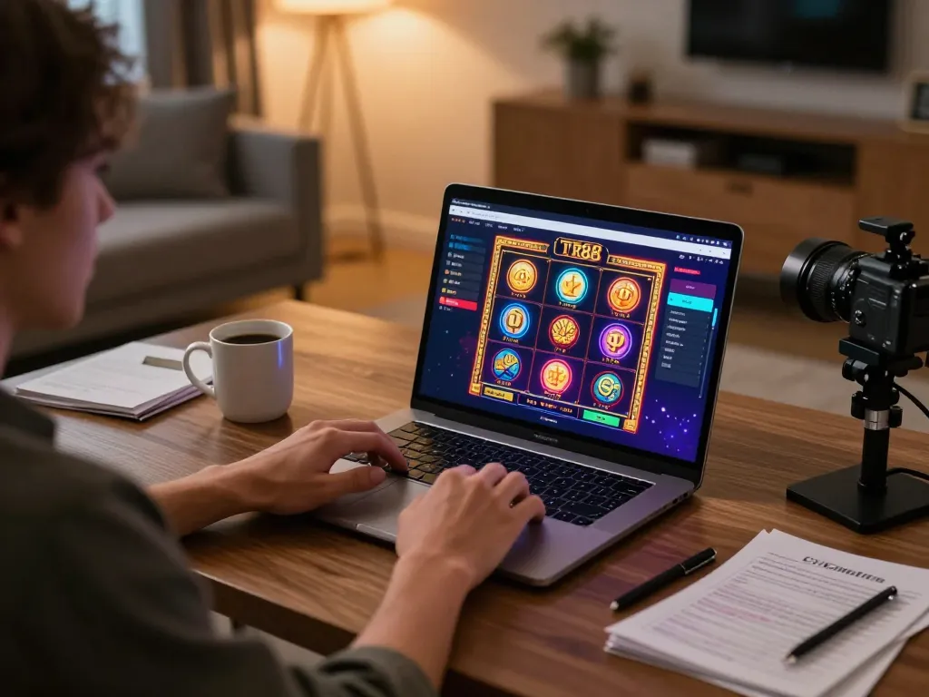 Engaging in online gaming at TR88 with vibrant slot graphics and cozy atmosphere