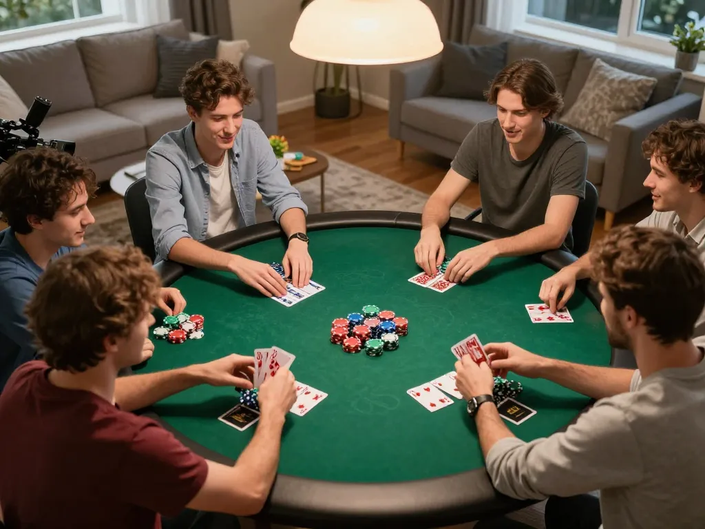 Friends enjoying a lively poker game at home with strategies in play, featuring okfun as their online gaming choice.
