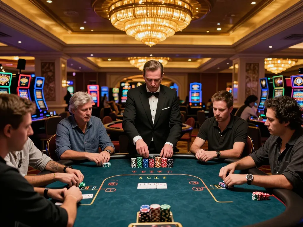 TR88 players engaging in a strategic poker game at a lavish casino table, showcasing competition.