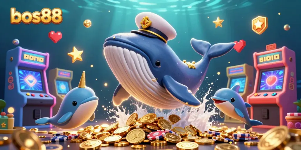 Experience excitement with bos88 as a giant whale celebrates amidst coins, game elements, and playful dolphins.