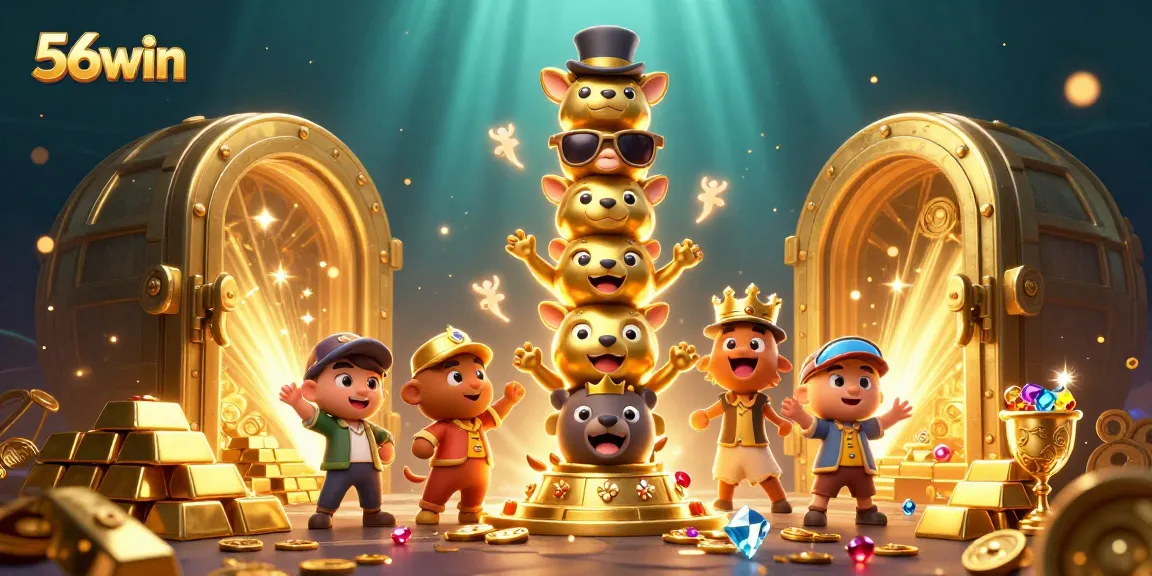 Engage in thrilling gameplay with 56win's vibrant totem and treasure-filled casino scene.