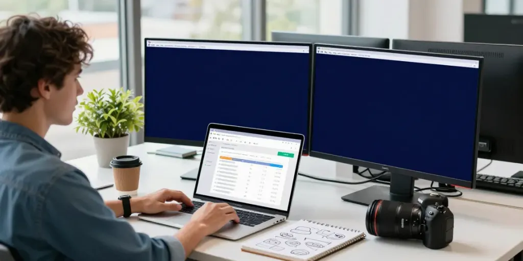 Digital marketer analyzing website data on instant indexing in a modern workspace.