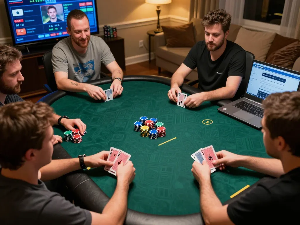 A player engaging in an intense game at 98win com, showcasing strategic betting and poker action in a cozy home setup.