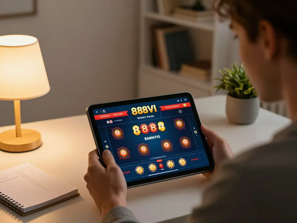 Engage with 888VI online casino gaming on a tablet in a cozy home setting.