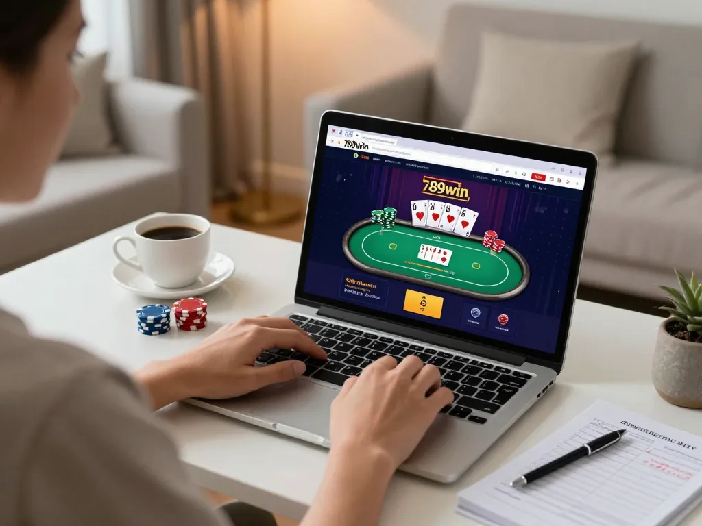 Engaged player using 789win for online poker while studying betting strategies