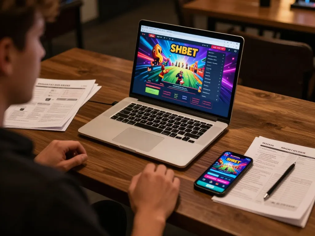 Engaging SHBET online gaming setup with a person strategizing on laptop and smartphone