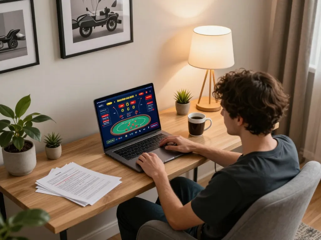 Engaging online gaming experience with fabet on a laptop in a cozy home setting, showcasing responsible betting.