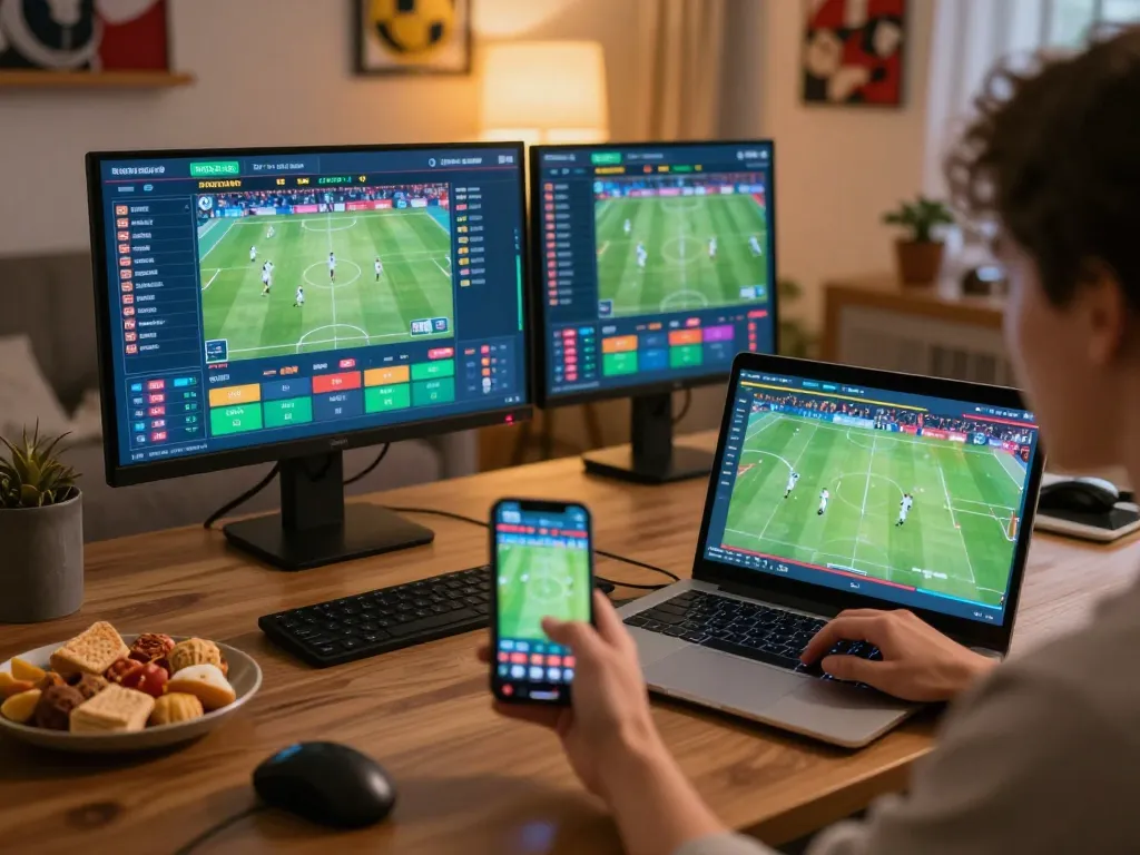 Engaging in sports betting at home with UG88, showcasing multiple screens and live game interactions.