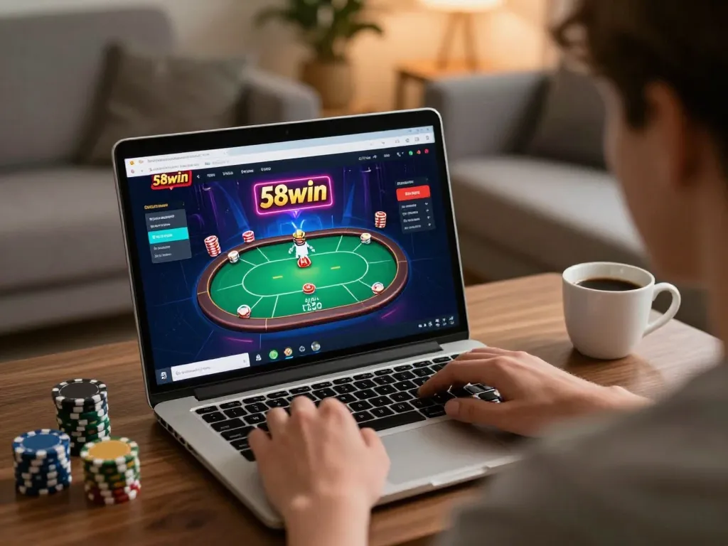 A player enjoying a poker game on 58win from a cozy home gaming setup during a relaxed evening.