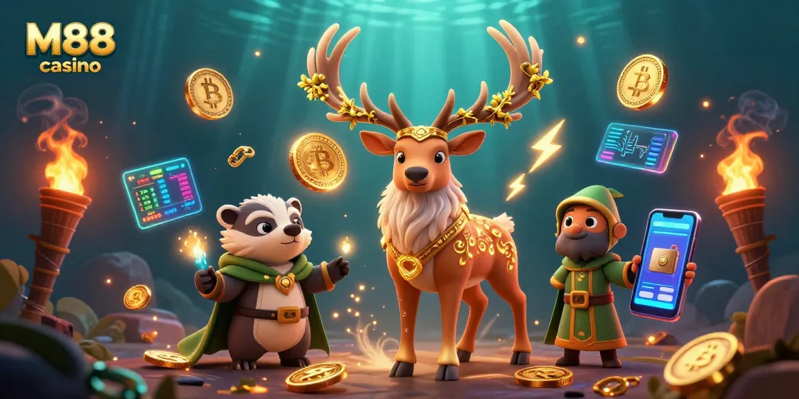 M88 casino showcases an enchanting 3D scene filled with vibrant cosmic elements and glowing coins.
