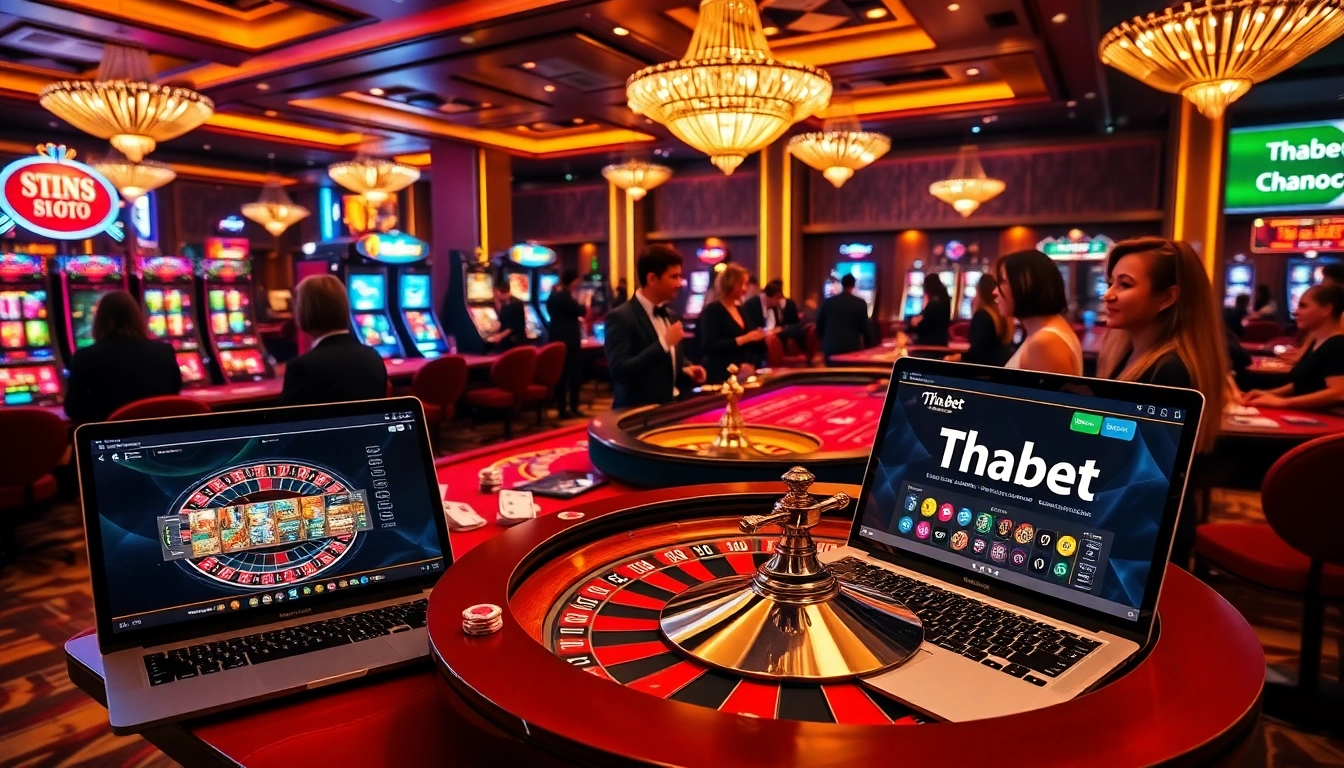Thabet players engaging in an exciting online casino game with table games and vibrant slot machines.