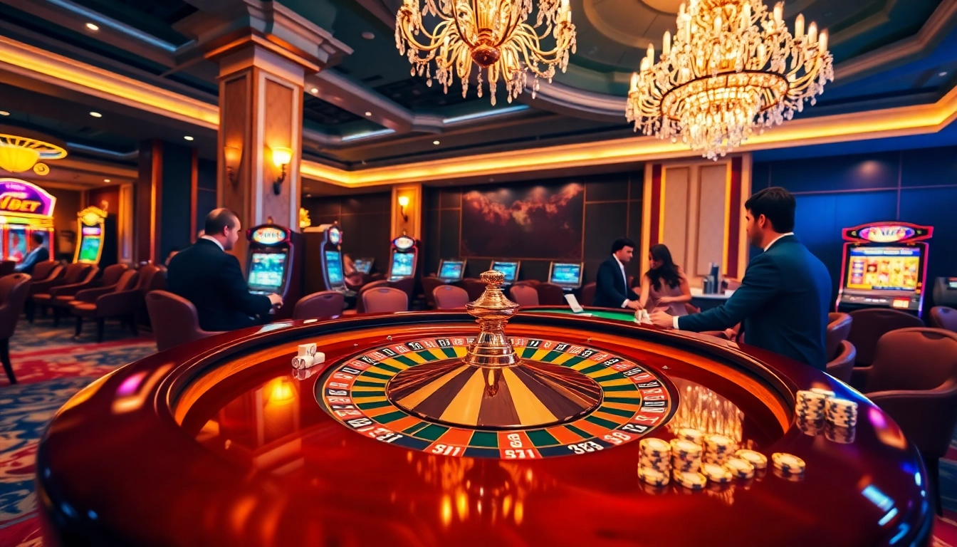 Engaged players at a luxurious HDBET-themed roulette table in a glamorous casino setting.