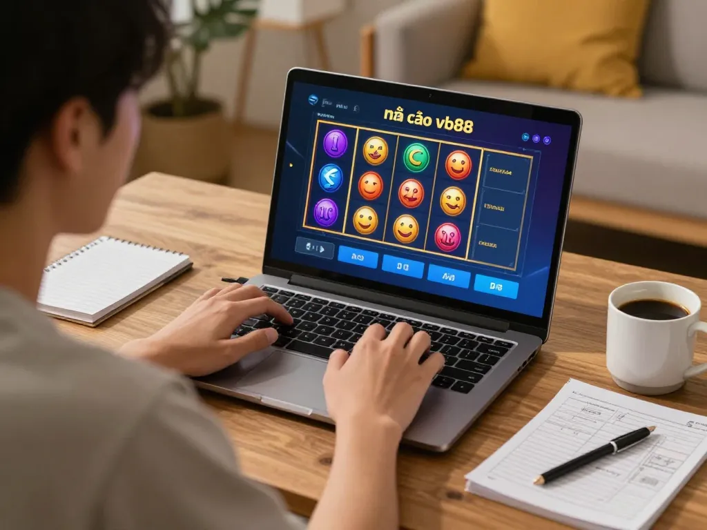 Player enjoying a thrilling slot game on nhà cái vb88, showcasing colorful interface and cozy home setup.