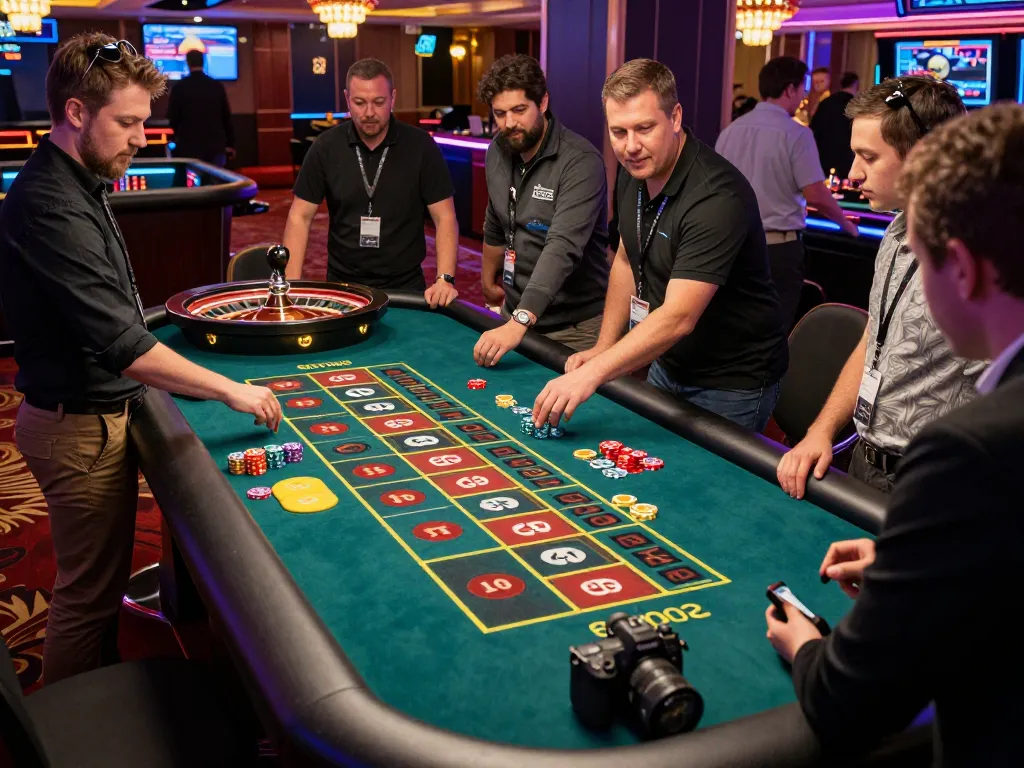 Players engage in an intense roulette game at a luxurious casino, showcasing FC88's thrilling atmosphere.