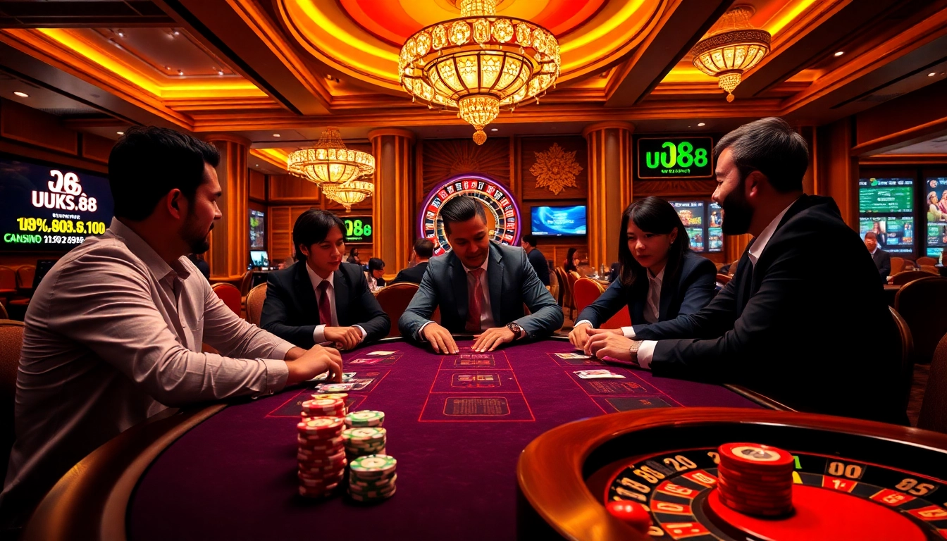 Exciting gaming action at uu88's luxurious casino table with poker chips and cards.