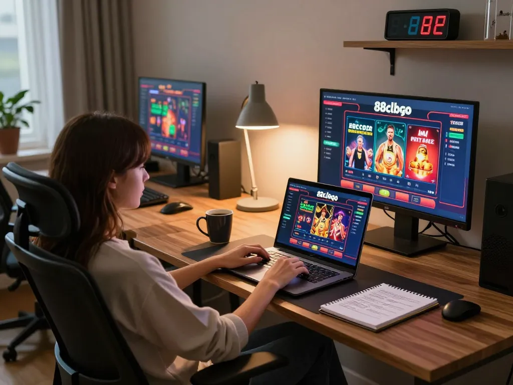 Engaged player at home using 88clbgo casino on laptop with betting strategies noted nearby.