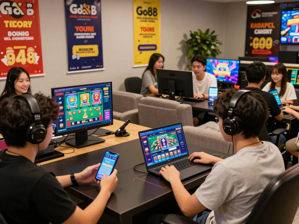 Engaging players at Cổng game Go88 enjoying diverse online gaming experiences in a lively setting.