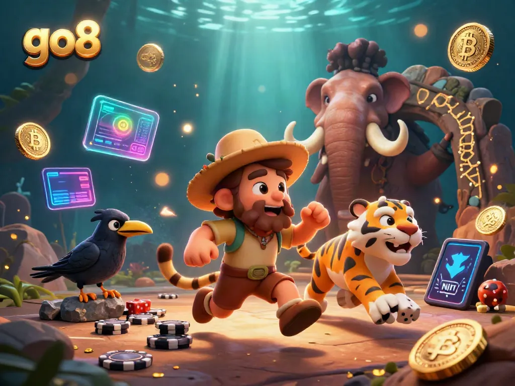 Experience excitement at the GO8 casino, where a caveman and sabertooth tiger delight in gaming activities.