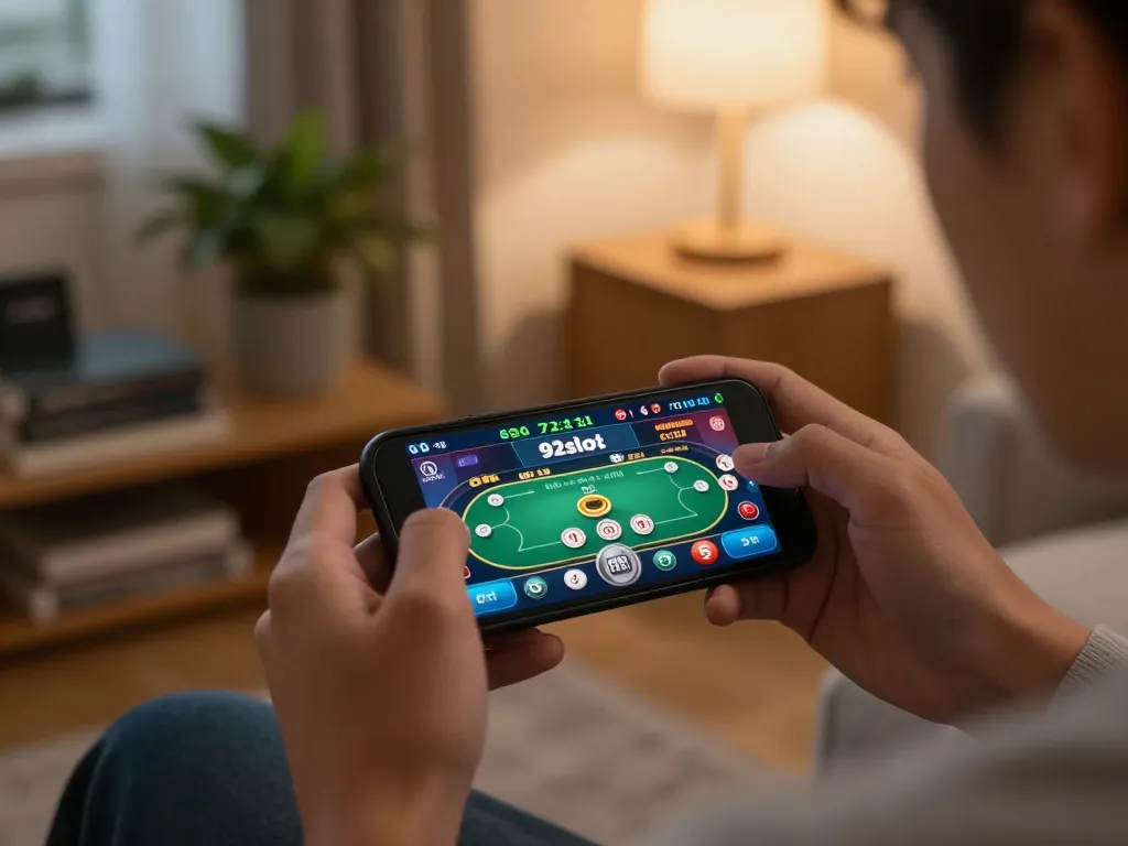 Player strategizing poker bets on 92slot com through mobile app in a cozy home environment