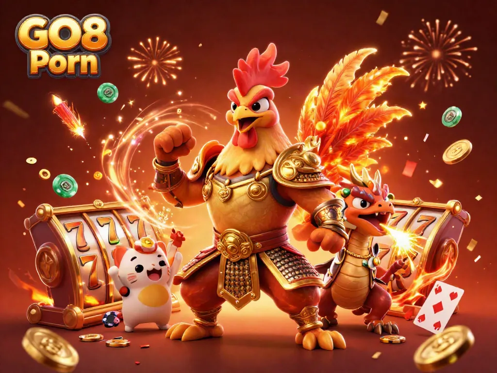 Experience exciting game action with a dynamic scene representing GO8 Porn, featuring a rooster warrior and dragon amidst spinning slot reels and colorful confetti.