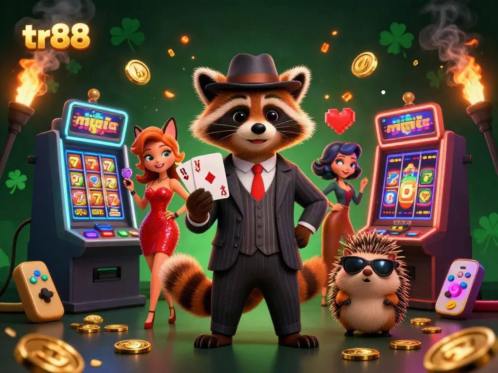 Experience the excitement of tr88 with a raccoon, fox, and hedgehog in a vibrant casino scene showcasing colorful slot machines.