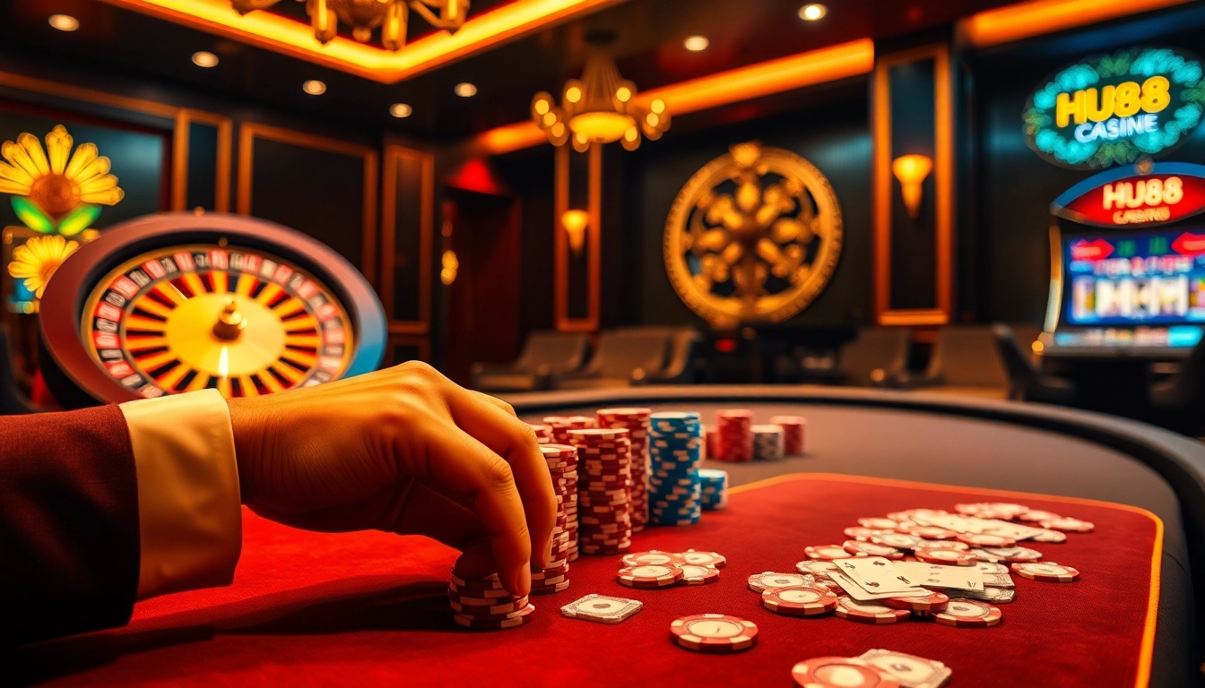 Intense gambling action around the HU88 poker table with vibrant cards and high-stakes chips.