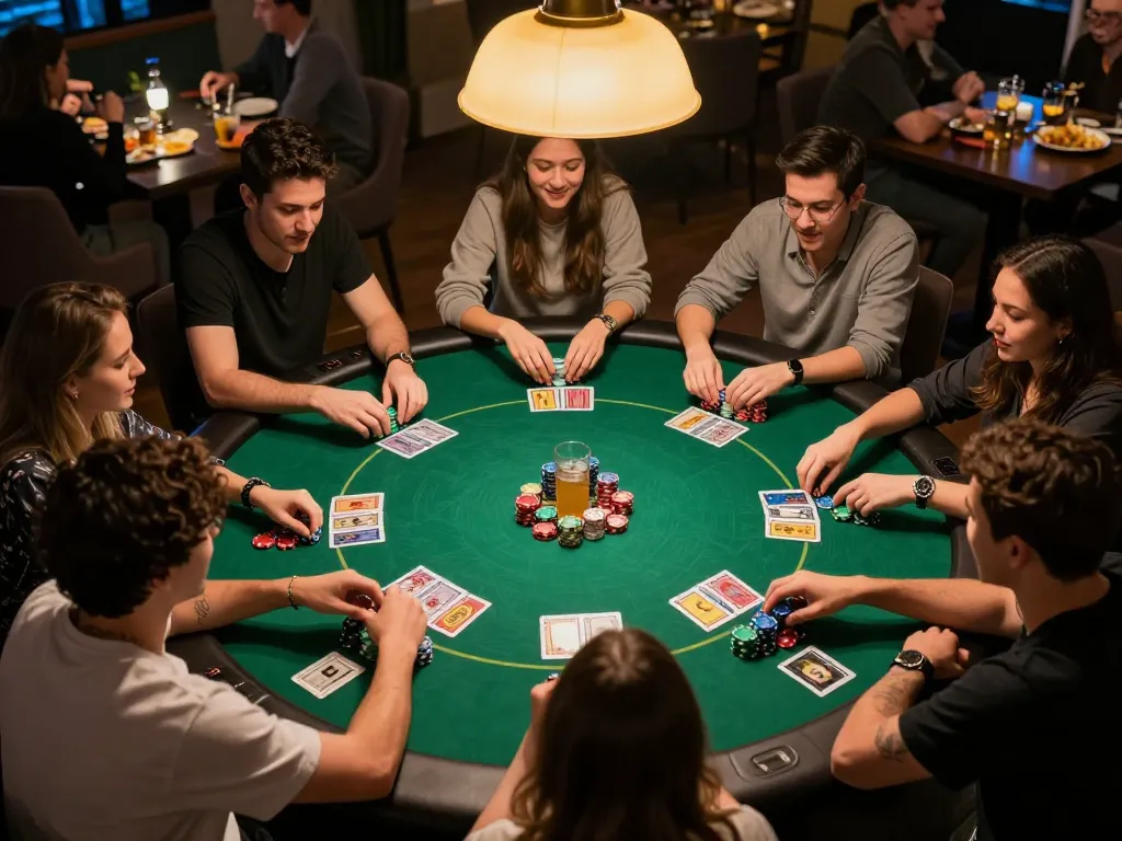 Engaging friends at home playing poker, showcasing fly88 rocks camaraderie and strategic gameplay.