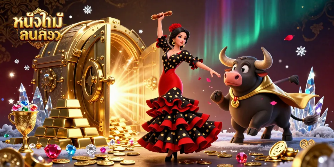 Experience หนังใหม่ชนโรง with an exciting scene featuring a woman in a flamenco dress and a fighting bull, surrounded by golden treasures.