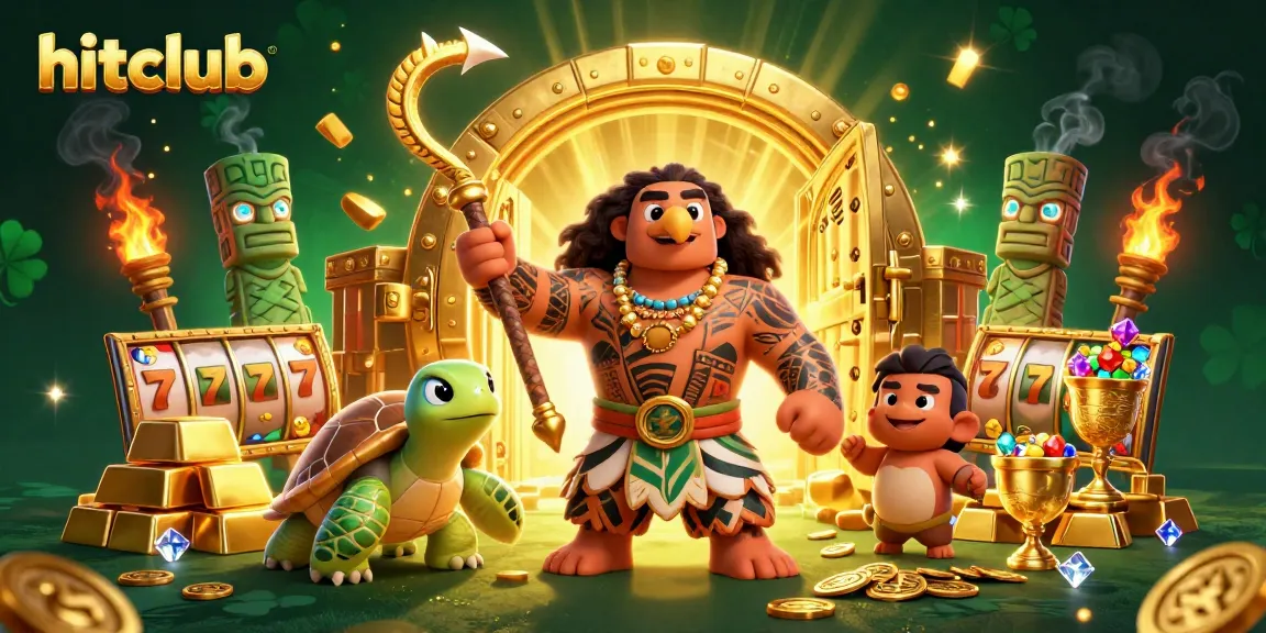 Experience hitclub's thrilling jackpot games in a vibrant 3D casino illustration showcasing winning treasures.