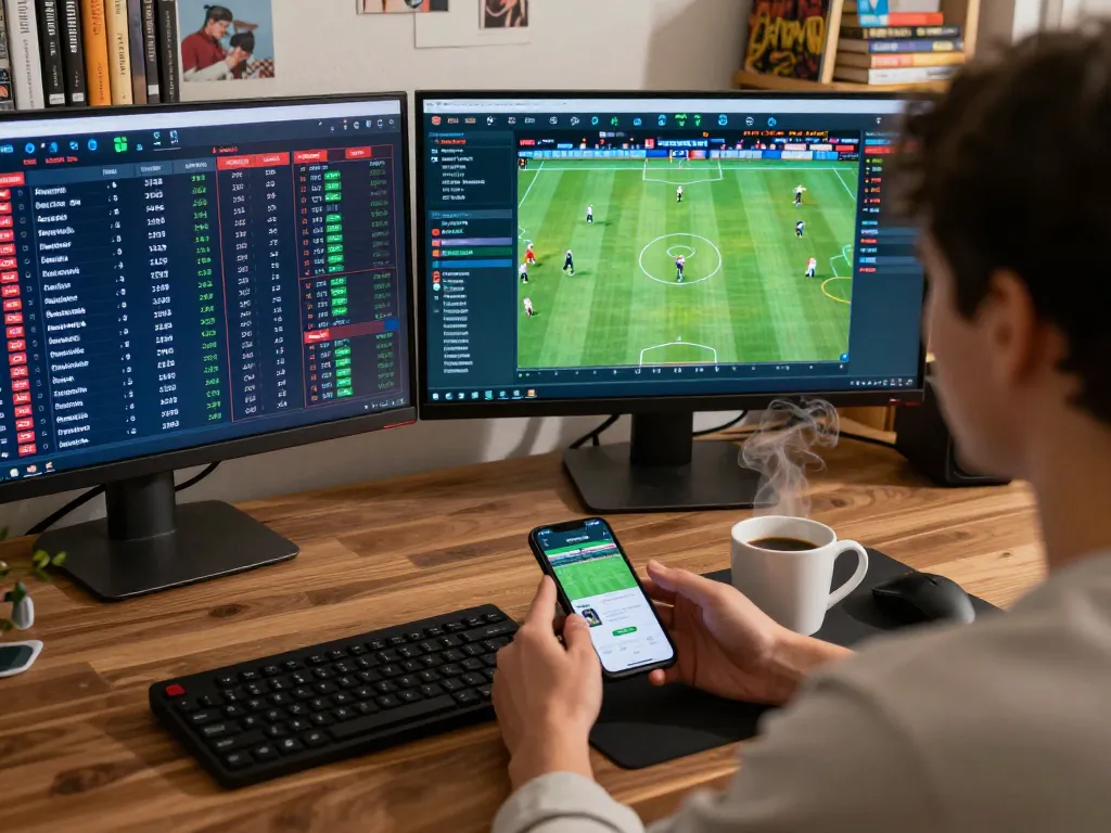 Engaged user analyzing live betting odds on keonhacaii88 in a cozy home office, showing sports statistics and betting strategy.