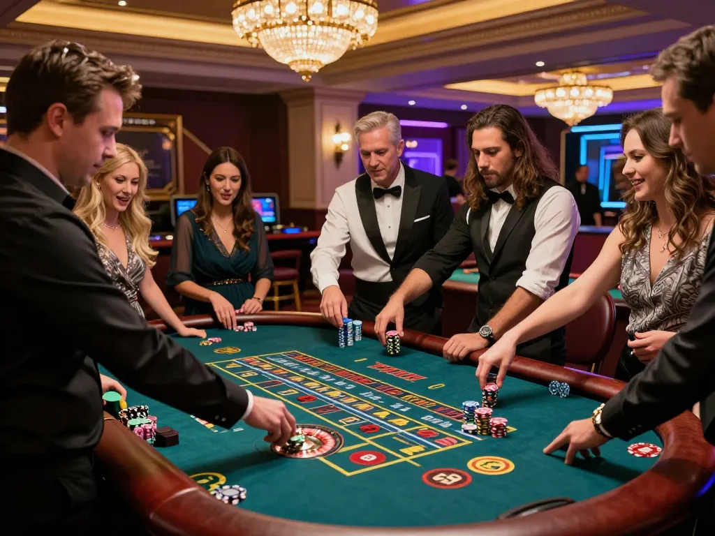 Players engaged in an exciting roulette game at kubet77 casino with vibrant ambiance and stylish decor.