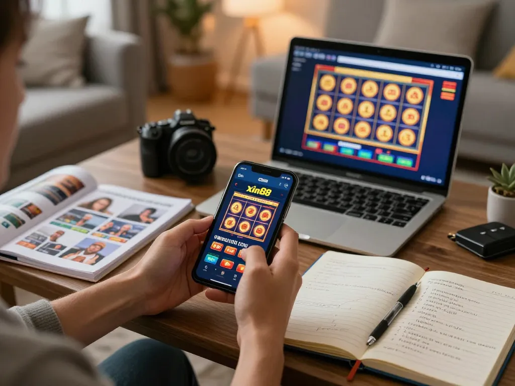 Engaging gaming experience with xin88 app showcasing vibrant slots and strategy notes.