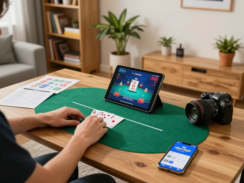 Engaging in online poker on abc8go app in a cozy home office.