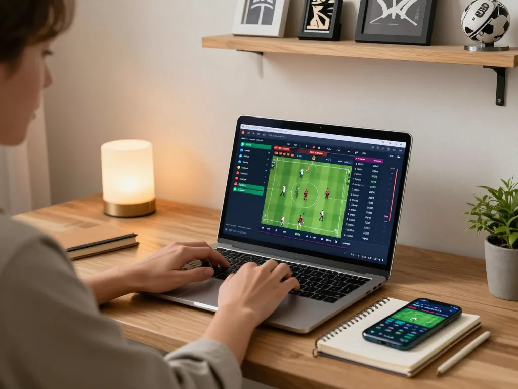 Person analyzing sports odds on nhandinhkeonhacai in a cozy home office