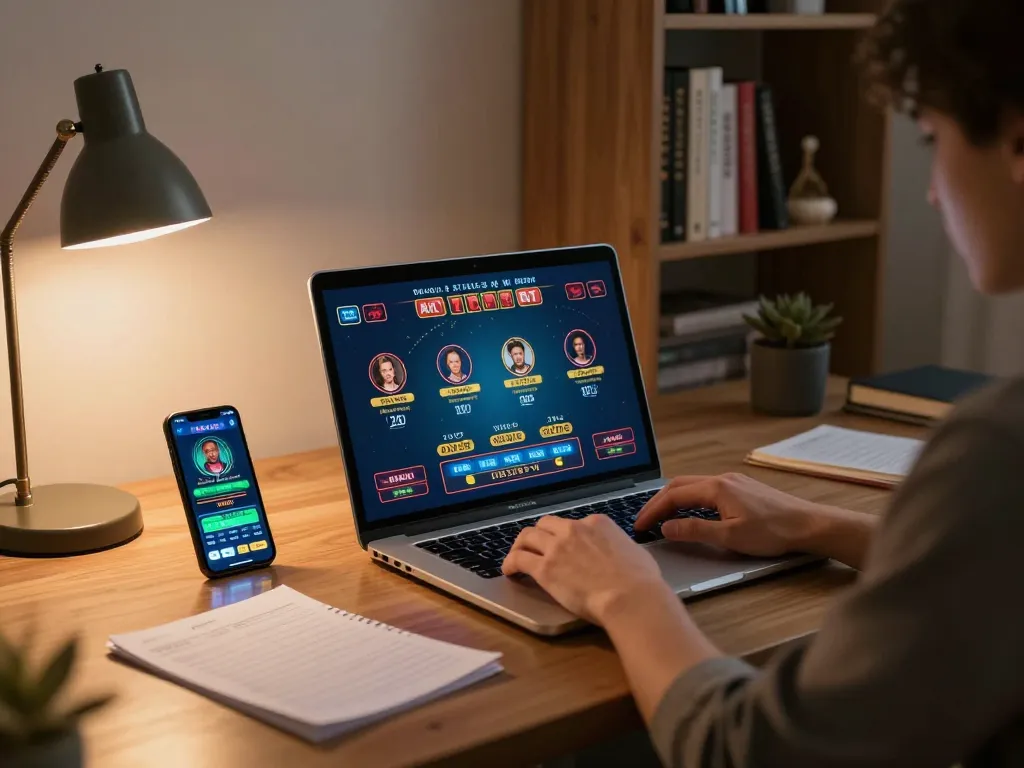 Person enjoying online LV88 games while analyzing betting strategies in a cozy home office.