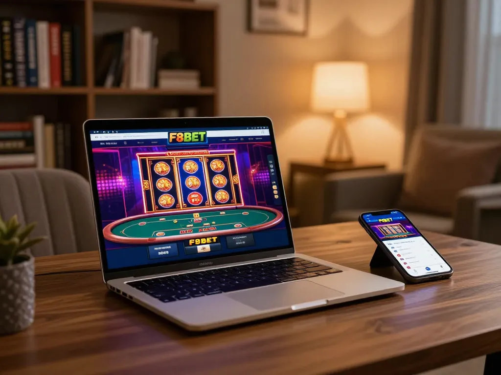 Engaging online gambling scene showcasing f8betz gaming setup with laptop and mobile device.